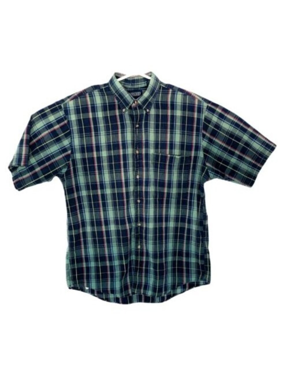 Lands End Shirt Mens L Plaid Button-Down Short Sleeves USA Green Red Workwear Ca